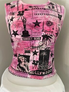 Vtg GLIMA Hollywood Newspaper Collage Pink Tank Top Y2K Grunge Punk Sz M
